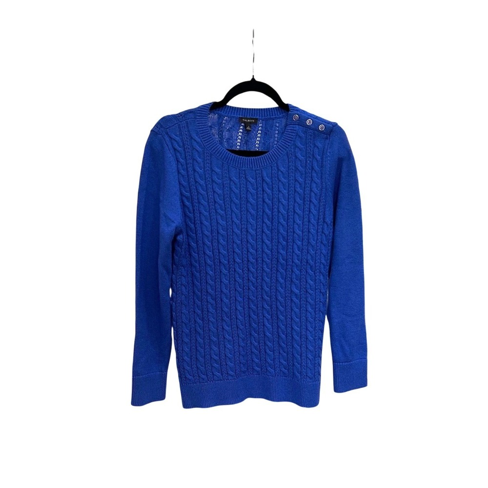 Talbots Womens Cobalt Blue Cable Knit Sweater Button Shoulder NWT Small 393675